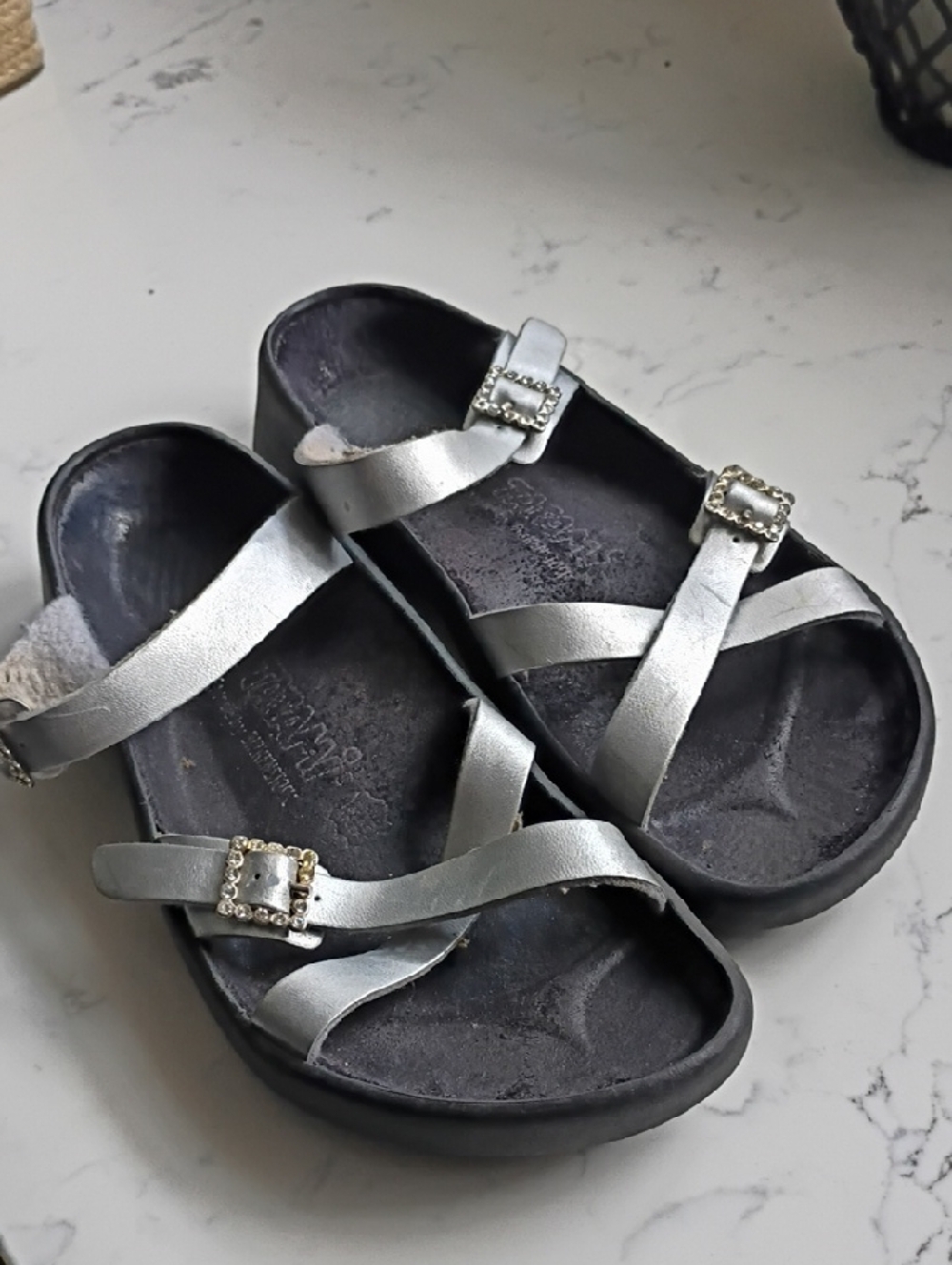 TATAMI Birkenstock Silver Metallic Strappy Sandals with Rhinestone Buckles